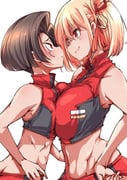 2girls asymmetrical_docking blonde_hair breast_press breasts brown_eyes brown_hair buruma gym_uniform hair_ribbon hand_on_own_hip harukawa_fuki highres looking_at_another lycoris_recoil midriff multiple_girls nishikigi_chisato official_alternate_costume red_buruma red_eyes red_ribbon red_sports_bra ribbon shirt short_hair sleeveless sleeveless_shirt sports_bra white_background yazawa_mana rating:s score:13 post #10159534