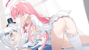 2girls absurdres animal_ears ass blue_eyes blush breasts cameltoe closed_mouth commentary_request elbow_gloves feathered_wings gloves hair_ornament hairclip halo hat highres large_breasts looking_at_another multiple_girls original pink_eyes pink_hair rabbit_ears single_thighhigh thighhighs top_hat user_wwde3354 white_gloves white_hair white_thighhighs wings yuri rating:q score:3 post #10175994