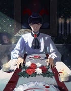 1boy 8083_blue ascot black_ascot black_hair blood blood_on_clothes blunt_bangs candle candlestand flower food highres horns hoshina_soshiro kaijuu_no._8 long_sleeves male_focus plate portrait_(object) red_flower red_horns rose shirt short_hair steak white_flower white_shirt rating:g score:0 post #10162398