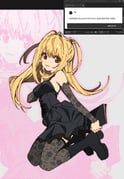 1girl amane_misa bare_shoulders black_boots black_dress blonde_hair blush boots breasts closed_mouth death_note death_note_(object) dress finger_to_cheek floating grey_eyes hair_between_eyes half_updo holding holding_notebook lace lace_sleeves lace_thighhighs light_smile long_hair looking_at_viewer medium_breasts notebook pink_background qwertpoiuy001 short_dress short_twintails sleeveless sleeveless_dress solo spaghetti_strap thighhighs twintails zettai_ryouiki rating:g score:7 post #10050872