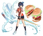 1girl baseball_cap black_hair black_nails black_socks breasts broken burger commentary cup disposable_cup earrings employee_uniform food full_body green_eyes grin hat highres holding holding_sword holding_weapon jewelry katana large_breasts lumpychan miniskirt mouth_hold original pencil_skirt sharp_teeth shoes skirt smile sneakers socks solo stud_earrings sword teeth twitter_username water weapon white_shoes wristband rating:g score:1 post #10176436