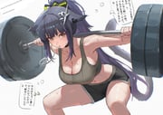 1girl absurdres animal_ears arknights barbell bare_shoulders black_choker black_hair black_shorts black_tail breasts cat_ears cat_girl cat_tail choker cleavage collarbone commentary ears_down exercising green_eyes grey_sports_bra hair_ornament highres jessica_(arknights) jessica_the_liberated_(arknights) large_breasts long_hair looking_at_viewer multicolored_hair navel ponytail purple_hair shorts solo speech_bubble sports_bra squatting sweat symbol-only_commentary tail thought_bubble translation_request two-tone_hair uof very_long_hair weightlifting white_background rating:s score:88 post #10170102
