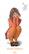 1girl absurdres artist_name bilingual_commentary black-framed_eyewear black_shoes brown_hair character_name closed_mouth commentary doodle_inset elbows_on_knees english_commentary full_body glasses hands_on_own_cheeks hands_on_own_face highres legs long_sleeves looking_at_viewer medium_hair miniskirt mixed-language_commentary open-toe_shoes orange_sweater orange_thighhighs platform_heels pleated_skirt rectangular_eyewear red_lips red_skirt scooby-doo scooby-doo_(character) shoes simple_background skirt sleeves_past_wrists solo squatting sweater thighhighs velma_dinkley white_background yzi_(pixiv24609791) rating:s score:12 post #10175136
