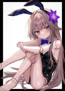 1girl absurdres animal_ears bare_shoulders barefoot black_border blue_bow blue_bowtie blush border bow bowtie breasts brown_hair closed_mouth commentary detached_collar doll_joints dot_nose fake_animal_ears flower h.yasai hair_flower hair_ornament herta_(honkai:_star_rail) herta_(puppet)_(honkai:_star_rail) highres honkai:_star_rail honkai_(series) joints long_hair looking_at_viewer playboy_bunny purple_eyes purple_nails sidelocks sitting small_breasts solo white_background rating:s score:5 post #10176690
