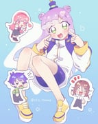 2boys 2girls :d blue_background blue_bike_shorts blue_hat chibi double_bun gradient_hair green_eyes hair_bun hat highres kawaii_kotarou kirara_mami looking_at_viewer mini_hat mini_top_hat monster_girl multicolored_hair multiple_boys multiple_girls nanpa_yuusuke nikomi_tsumo pink_hair puniru_(puniru_wa_kawaii_slime) puniru_wa_kawaii_slime shoes slime_girl slime_hair smile top_hat yellow_shoes rating:g score:1 post #10175211
