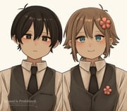 2boys alternate_costume antenna_hair basil_(faraway)_(omori) basil_(omori) black_eyes black_hair black_necktie black_vest blonde_hair blue_eyes blush bright_pupils closed_mouth collared_shirt double-parted_bangs flower grey_background hair_flower hair_ornament highres kmyq4knnni5257 long_sleeves looking_at_viewer male_focus multiple_boys necktie omori shirt short_hair sidelocks simple_background smile sunny_(omori) vest watermark white_pupils white_shirt rating:g score:0 post #10175401