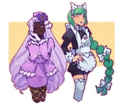 2girls beret black_romper bow bowtie braid braided_ponytail cropped_legs cryleighart dark-skinned_female dark_skin dress eyeliner eyeshadow fascinator fishnet_pantyhose fishnets hair_bow hand_on_own_hip hands_up hat highres jacinthe_(pokemon) juliet_sleeves lebanne_(pokemon) lipstick long_braid long_hair long_sleeves looking_at_viewer low_drills maid maid_headdress makeup master_and_servant mega_stone multiple_girls multiple_hair_bows one_eye_closed own_hands_together pantyhose pencil_dress pink_eyeshadow pokemon pokemon_legends:_z-a puffy_sleeves purple_dress purple_eyes purple_hair red_eyeliner romper single_braid smile thighhighs very_dark_skin white_bow white_bowtie white_thighhighs rating:g score:4 post #10170534