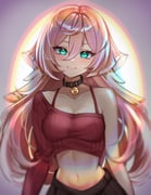 1girl black_skirt breasts cleavage contemporary cropped_sweater emerazu_(artist) genshin_impact green_eyes hair_between_eyes head_tilt highres horns long_hair looking_at_viewer medium_breasts midriff navel pink_hair red_sweater single-shoulder_sweater single_sleeve skirt smile solo sweater upper_body yanfei_(genshin_impact) rating:s score:48 post #7431585