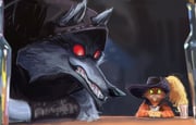2boys animal_ears animal_nose black_cloak cape cat cavalier_hat cloak cup death_(puss_in_boots) drinking_glass fangs feathers french-unicorn glowing hat hat_feather highres holding hood hooded_cloak looking_at_another multiple_boys open_mouth orange_cat orange_fur puss_in_boots:_the_last_wish puss_in_boots_(shrek) red_eyes sharp_teeth shrek_(series) smile teeth wolf yellow_feathers rating:g score:1 post #10174064