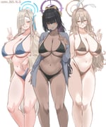 3girls absurdres akane_(blue_archive) alternate_costume alternate_hairstyle asuna_(blue_archive) bikini black_bikini black_hair blonde_hair blue_archive blue_bikini blush breasts brown_bikini brown_eyes brown_hair brown_halo cleavage closed_mouth commentary dark-skinned_female dark_skin dated feet_out_of_frame hair_over_one_eye halo highres huge_breasts karin_(blue_archive) legs long_hair looking_at_viewer multiple_girls navel nuo_(fttv3255) purple_halo simple_background smile standing stomach swimsuit symbol-only_commentary thighs v very_long_hair white_background yellow_eyes rating:s score:215 post #10159132