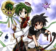 2000s_(style) 2boys alternate_color biretta black_gloves black_hair black_jacket black_pants blue_background bow_(weapon) brown_shorts closed_mouth coat commentary_request cowboy_shot cropped_jacket fingerless_gloves gloves gold_trim green_eyes green_hair harasaka_(cross) hat high_priest_(ragnarok_online) holding holding_bow_(weapon) holding_staff holding_weapon hunter_(ragnarok_online) jacket long_sleeves looking_at_viewer male_focus multicolored_coat multiple_boys open_mouth pants pants_under_shorts ragnarok_online red_coat red_eyes shirt short_hair shorts smile spiked_hair staff two-tone_coat weapon white_coat white_hat white_shirt rating:g score:0 post #9944249
