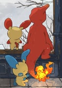 aomon_(yuuji7604) charmeleon closed_eyes closed_mouth commentary_request fire flame-tipped_tail highres horns minun no_humans plusle pokemon pokemon_(creature) pokemon_focus single_horn sky snowflakes snowing tail tree window rating:g score:5 post #10078074