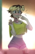 1girl black_hair blonde_hair blue_shorts blush brown_eyes cherry_beries closed_mouth collar collarbone cropped_shirt denim denim_shorts ear_piercing green_shirt heart_collar highres multicolored_hair original piercing pink_collar shirt short_hair short_shorts shorts smile solo sweatdrop two-tone_hair rating:s score:1 post #10175431