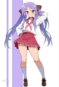 1girl blue_eyes bow brown_bow brown_shoes closed_mouth collarbone commentary cowlick dot_nose double_horizontal_stripe hair_between_eyes hair_bow hand_in_own_hair hand_on_own_hip highres hiiragi_kagami light_blush loafers long_hair long_sleeves looking_at_viewer lucky_star midriff_peek miniskirt nagare_(flow) neckerchief pink_neckerchief pleated_skirt purple_background purple_hair red_sailor_collar red_skirt ryouou_school_uniform sailor_collar school_uniform serafuku shirt shoes sidelocks simple_background skindentation skirt smile socks solo split_mouth standing straight_hair twintails twitter_username two-tone_background very_long_hair white_background white_shirt white_socks rating:g score:15 post #10172294