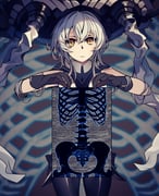 1girl abyssal_ship bodysuit bone commentary_request grey_hair guouuu headgear highres holding kantai_collection long_hair looking_at_viewer otome_kaibou_(vocaloid) pale_skin revision short_hair skeleton smile solo standing tentacles wo-class_aircraft_carrier x-ray_film yellow_eyes rating:s score:12 post #9739282