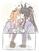 2girls animal_ears bandaid bandaid_on_face bandaid_on_nose black_hair blush bow bowtie closed_eyes closed_mouth commentary_request ear_bow ear_ribbon hair_between_eyes heart height_difference horse_ears horse_girl horse_tail kiss korean_commentary long_hair long_sleeves mayano_top_gun_(umamusume) multiple_girls narita_brian_(umamusume) oo08lve orange_hair orange_tail platform_shoes ponytail purple_sailor_collar purple_serafuku purple_shirt purple_thighhighs rope sailor_collar sailor_shirt school_uniform serafuku shimenawa shirt shoes simple_background tail thighhighs tracen_school_uniform umamusume white_bow white_bowtie yellow_eyes yuri rating:g score:11 post #10156356