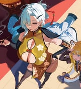 2girls alternate_costume animal_ear_fluff animal_ears breasts bridal_gauntlets china_dress chinese_clothes cleavage cleavage_cutout clothing_cutout commentary detached_sleeves dress fingerless_gloves from_above gloves hair_ornament hair_stick hand_on_own_hip high_heels highres hintobento huge_breasts jacket jacket_on_shoulders ju_fufu mole mole_on_breast multiple_girls open_mouth salute skindentation striped_fur tail thighhighs tiger_ears tiger_girl tiger_tail tile_floor tiles white_hair yellow_eyes yellow_jacket yin_yang_pin yixuan_(zenless_zone_zero) zenless_zone_zero rating:s score:66 post #10159978