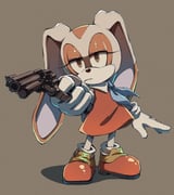 1girl absurdres aiming animal_ears brown_eyes brown_fur cream_the_rabbit dress full_body furry furry_female gloves grey_background gun highres holding holding_gun holding_weapon jack_b_seres orange_dress orange_shoes pose_imitation rabbit_ears rabbit_girl shoes solo sonic_(series) the_amazing_digital_circus weapon white_gloves rating:g score:5 post #10157717