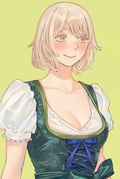 1girl alt_text alternate_costume blonde_hair blue_ribbon blush bodice bow breasts cleavage closed_mouth colored_eyelashes commentary_request cross-laced_clothes dirndl dungeon_meshi falin_touden falin_touden_(tallman) german_clothes green_background green_bow highres looking_ahead puffy_short_sleeves puffy_sleeves ribbon sasakura34 shirt short_hair short_sleeves simple_background smile solo upper_body v-neck white_shirt yellow_eyes rating:s score:15 post #10118525