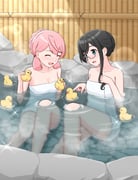 2girls :d akashi_(kancolle) asymmetrical_hair blue_eyes blunt_tresses blush breasts closed_eyes collarbone commentary_request double-parted_bangs feet_out_of_frame geometrie glasses hair_between_eyes hair_bun hair_ribbon highres holding_rubber_duck kantai_collection knee_up looking_at_object medium_breasts multiple_girls naked_towel onsen ooyodo_(kancolle) open_mouth partially_submerged pink_hair ribbon rubber_duck sidelocks sitting smile sparkle thighs towel tress_ribbon water rating:s score:13 post #10130525