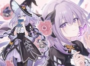 2girls alternate_costume black_capelet black_dress book braid bug butterfly capelet castorice_(honkai:_star_rail) chibi chibi_inset closed_mouth cosplay covering_own_mouth dress flower hair_between_eyes hair_ornament hat herta_(honkai:_star_rail) holding holding_book honkai:_star_rail honkai_(series) long_hair looking_at_viewer multiple_girls multiple_views pantyhose purple_eyes purple_hair ribbon smile stelle_(honkai:_star_rail) the_herta_(honkai:_star_rail) the_herta_(honkai:_star_rail)_(cosplay) trailblazer_(honkai:_star_rail) twitter_username very_long_hair witch_hat yashiro_seika rating:g score:16 post #10164622