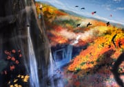 2girls animal_ears autumn autumn_leaves backpack bag bird blue_hair blue_sky boots cloud cloudy_sky crow cucumber detached_sleeves flat_cap green_hat grey_hair hair_bobbles hair_ornament hat highres inubashiri_momiji kawashiro_nitori key landscape leaf maple_leaf morning multiple_girls pom_pom_(clothes) pool red_eyes red_hat ribbon-trimmed_sleeves ribbon_trim rubber_boots scenery shadow shield shirt short_hair skirt sky smile sword tail tengu tokin_hat tooya0130 touhou twintails two_side_up water waterfall weapon white_hair wide_shot wolf_ears wolf_girl wolf_tail rating:g score:15 post #10154540
