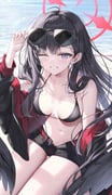 1girl ;d adjusting_eyewear beach bikini bikini_bottom_under_shorts bikini_under_clothes black_bikini black_hair black_jacket black_shorts black_wings blue_archive breasts cleavage commentary day eyewear_on_head feathered_wings grin halo halterneck hand_up highleg highleg_bikini highres ichika_(blue_archive) ichika_(swimsuit)_(blue_archive) jacket jacket_over_swimsuit jacket_partially_removed long_hair looking_at_viewer low_wings medium_breasts navel o-ring o-ring_bikini official_alternate_costume one_eye_closed open_clothes open_fly open_jacket outdoors purple_eyes red_halo rin_yuu short_shorts shorts sidelocks sitting smile solo sunglasses swimsuit thigh_gap thigh_strap very_long_hair wings rating:s score:91 post #10105465