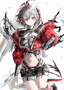 1girl 8x9_1t :d absurdres antenna_hair arknights belt black_shirt black_shorts blush corrupted_twitter_file crop_top cropped_jacket cropped_shirt grey_hair grin hashtag-only_commentary highres jacket looking_at_viewer midriff multicolored_hair no_navel orange_eyes red_hair red_jacket revision shirt short_hair_with_long_locks short_shorts shorts simple_background sketch smile solo streaked_hair thigh_belt thigh_strap w_(arknights) white_background white_belt wis'adel_(arknights) rating:s score:18 post #9846916