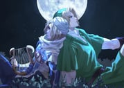 1boy 1girl back-to-back bandaged_chest bandaged_hand bandaged_head bandages black_gloves blonde_hair blue_eyes commentary full_body gloves green_hat green_tunic hair_over_one_eye hat holding holding_instrument holding_lyre instrument kurokawa_karasu link lyre parted_bangs phrygian_cap red_eyes reverse_trap scarf sheik short_hair symbol-only_commentary the_legend_of_zelda the_legend_of_zelda:_ocarina_of_time tunic white_scarf rating:g score:6 post #10115970