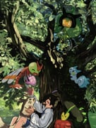1boy ^_^ assassinookayu berry_(pokemon) black_hair closed_eyes day dipplin fangs furret hair_between_eyes highres holding in_tree jacket kieran_(pokemon) long_sleeves male_focus ogerpon open_mouth outdoors pachirisu pecha_berry pokemon pokemon_(creature) pokemon_sv shorts star-shaped_pupils star_(symbol) symbol-shaped_pupils tree yanma rating:g score:3 post #10175709