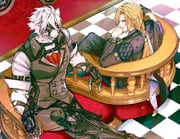 2boys animal_ear_fluff animal_ears arm_out_of_sleeve bicep_strap black_coat black_gloves black_pants blonde_hair body_fur bracelet checkered_floor clenched_hand closed_mouth coat collared_vest colored_tips commentary_request couch crossed_legs ear_piercing earrings eyepatch fang fingerless_gloves from_above furry furry_male furry_with_non-furry gloves gold_ring grey_vest hair_between_eyes hand_on_own_chin highres hugo_vlad indoors interspecies jewelry lapel_pin long_hair looking_at_another male_focus mole mole_under_eye multicolored_hair multiple_boys multiple_rings muzzle_(mask) on_couch painting_(object) pants piercing pointy_ears prosthesis prosthetic_leg purple_shirt red_couch red_eyes ring ring_hair_ornament shinryoku_k3 shirt single_glove sitting sleeves_rolled_up tail tail_belt vest von_lycaon watch white_fur white_shirt wolf_boy wolf_ears wolf_tail wristwatch zenless_zone_zero rating:g score:0 post #10169878