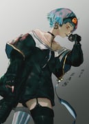 1girl assault_rifle asymmetrical_legwear bare_shoulders black_choker black_gloves black_shirt blue_hair blue_necktie blue_ribbon character_name choker closed_mouth earrings explosive fingerless_gloves flower flower_ornament from_below from_side girls'_frontline gloves goggles gradient_background grenade grenade_pin_in_mouth grey_background gun highres holding holding_grenade holding_gun holding_weapon jewelry kalashnikov_rifle mismatched_legwear nail_polish necktie orange_eyes orange_goggles red_nails ribbon rifle shirt short_hair simple_background single_earring solo thighhighs trigger_discipline weapon white_background wye yellow_flower zas_m21_(girls'_frontline) zastava_m21 rating:g score:11 post #8433637