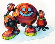 aqua_eyes arm_support colored_skin commentary commission egg_pawn egg_pawn_(colors) english_commentary full_body humanoid_robot looking_at_viewer meltymole orange_skin outstretched_arm outstretched_hand painting_(medium) pointy_nose robot science_fiction simple_background smile solo sonic_(series) sonic_colors traditional_media watercolor_(medium) white_background rating:g score:3 post #8908403