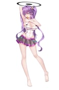 1girl absurdres arm_up armpits arms_behind_head bare_arms bare_legs bare_shoulders barefoot black_skirt blue_eyes breasts buyange cleavage closed_mouth clothing_cutout collarbone criss-cross_halter feet full_body gold_trim hair_ornament halo halterneck highleg highleg_leotard highres large_breasts leotard long_hair looking_at_viewer miniskirt mouth_hold nail_polish navel navel_cutout original pleated_skirt purple_hair see-through_clothes see-through_skirt simple_background skirt smile solo spaghetti_strap star_(symbol) star_hair_ornament thighs toenail_polish toenails very_long_hair white_background white_leotard yellow_nails rating:s score:8 post #10169471