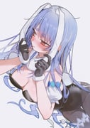 1girl absurdres animal_ears averting_eyes black_gloves black_leotard black_pantyhose blue_hair blush breasts cleavage commentary_request covered_navel detached_sleeves extra_ears frilled_thigh_strap fur-trimmed_gloves fur_scarf fur_trim gloves highres hikimayu holding_own_ears hololive leotard long_hair lying medium_breasts multicolored_hair orange_eyes pantyhose playboy_bunny puffy_detached_sleeves puffy_short_sleeves puffy_sleeves rabbit-shaped_pupils rabbit_ears rabbit_girl rabbit_tail scarf short_eyebrows short_sleeves simple_background solo strapless strapless_leotard symbol-shaped_pupils tail takeno_omoti thick_eyebrows thigh_strap two-tone_hair usada_pekora usada_pekora_(1st_costume) very_long_hair virtual_youtuber white_hair white_scarf white_sleeves rating:s score:20 post #10137200