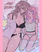 2girls absurdres amemura_ramuda antenna_hair black_bra black_panties blue_eyes blue_hair blush border bra breasts brown_hair camisole cleavage curvy genderswap genderswap_(mtf) gradient_hair heart highres hypnosis_mic jacket jacket_partially_removed large_breasts long_hair looking_at_another multicolored_hair multiple_girls navel ni_(yawarakahonpo) one_eye_closed open_mouth panties pink_border pink_hair plump shirt side-tie_panties sitting smile sparkle thighhighs underwear wariza white_panties white_shirt white_thighhighs yumeno_gentaro yuri rating:s score:15 post #10155816