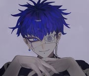 1boy blue_eyeliner blue_eyes blue_eyeshadow blue_hair bridge_piercing claws earrings eyeliner eyeshadow face_piercing grey_background head_tilt hukasimoti jewelry lip_piercing looking_to_the_side makeup male_focus mismatched_earrings omokage_yugamu own_hands_together piercing pointy_ears portrait print_eyepatch ring smile solo the_hundred_line_-last_defense_academy- undercut v-bangs rating:g score:2 post #10171447