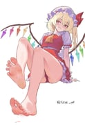 1girl absurdres artist_name bare_legs barefoot blonde_hair blush breasts bright_pupils commentary crossed_bangs crystal_wings dress english_commentary feet flandre_scarlet foot_focus frilled_dress frills full_body futsie_art hair_between_eyes hat highres legs long_hair looking_at_viewer mob_cap multicolored_wings neckerchief one_side_up panties parted_lips puffy_short_sleeves puffy_sleeves red_dress red_eyes red_panties short_dress short_sleeves side_ponytail simple_background sitting small_breasts soles solo spread_toes sweat sweatdrop sweaty_foot toenails toes touhou twitter_username underwear white_background white_hat white_pupils wings yellow_neckerchief rating:s score:12 post #10175197