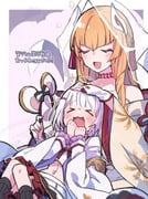 2girls >_< animal_ears blonde_hair blush closed_eyes dress fake_animal_ears flying_sweatdrops gb_cestus granblue_fantasy headpat highres indala_(granblue_fantasy) japanese_clothes mouse_ears multiple_girls open_mouth skirt sparkle strapless strapless_dress vikala_(granblue_fantasy) watermark white_hair rating:g score:5 post #10108402