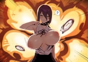 1girl ? alternate_breast_size_(larger) black_choker black_hair blush bouncing_breasts breast_expansion breasts breasts_apart breasts_out bursting_breasts buttons chainsaw_man choker collared_shirt explosion explosion_background flying_button green_eyes grenade_pin hair_between_eyes hair_bun highres huge_breasts large_areolae looking_at_viewer neck_ribbon nipples popped_button puffy_nipples purple_hair reze_(chainsaw_man) ribbon shirt short_hair shorts sleeveless sleeveless_shirt smile solo spammayoss spoken_question_mark wardrobe_malfunction white_shirt rating:q score:63 post #10161285