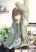 1girl animal arm_up black_cat black_shorts blurry blurry_foreground brown_hair cactus cat closed_mouth collarbone colored_inner_hair commentary_request curtains day depth_of_field drawstring eighth_rest flower green_eyes green_hair green_hoodie highres hood hood_down hoodie indoors long_sleeves looking_at_viewer miko_fly multicolored_hair original plant potted_plant puffy_long_sleeves puffy_sleeves shelf shorts signature sleeves_past_wrists smile solo standing sunlight two-tone_hair window yellow_flower rating:g score:3 post #10176994