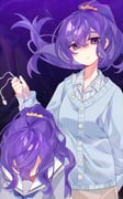 1girl arm_behind_back asahina_mafuyu blue_cardigan blue_neckerchief breasts brown_pants buttons cardigan chinese_commentary chromatic_aberration closed_mouth collarbone collared_shirt commentary_request cowboy_shot double-parted_bangs empty_eyes film_grain frown grey_shirt hair_between_eyes hair_ornament hair_scrunchie hand_up highres holding laylayhappy long_hair long_sleeves looking_at_viewer miyamasuzaka_girls'_academy_school_uniform multiple_views neckerchief orange_scrunchie pants project_sekai puffy_long_sleeves puffy_sleeves purple_background purple_eyes purple_hair sailor_collar school_uniform scrunchie shaded_face shirt simple_background small_breasts standing striped_clothes striped_shirt two-tone_shirt vertical-striped_clothes vertical-striped_shirt white_sailor_collar white_shirt rating:g score:2 post #10169490