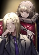 1boy 1girl black_eyes black_hair black_suit blonde_hair chair closed_mouth commentary_request dark_background formal_clothes hand_on_another's_shoulder hand_on_own_cheek hand_on_own_face highres lace lace-trimmed_veil lace_sleeves lace_trim long_hair looking_at_viewer necktie on_chair osaragi_(sakamoto_days) purple_necktie sakamoto_days scar scar_on_face see-through_clothes see-through_sleeves shirt shishiba_(sakamoto_days) sitting sitting_on_throne straight_hair suit throne upper_body veil yu0203_yuki rating:g score:0 post #10171323