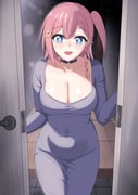 1girl absurdres asta_(honkai:_star_rail) black_choker blue_eyes breasts choker cleavage collarbone commentary covered_navel dongtan_dress doorway dress english_commentary grey_dress highres honkai:_star_rail honkai_(series) large_breasts looking_at_viewer niftyvisual open_mouth opening_door pink_hair pov_doorway short_hair side_ponytail smile solo rating:s score:25 post #10159857