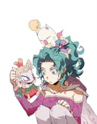 1boy 1girl blonde_hair breasts creature creature_on_head detached_sleeves dress final_fantasy final_fantasy_vi gold_trim green_hair hair_ribbon hashtag-only_commentary highres kefka_palazzo long_hair looking_at_another medium_breasts meow_mok moogle pantyhose parted_bangs parted_lips pink_dress pink_sleeves pointy_ears ponytail print_pantyhose purple_eyes purple_ribbon ribbon sketch squatting strapless strapless_dress terra_branford tube_dress wavy_hair rating:g score:4 post #10159938
