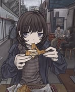 1girl absurdres ahoge black_hair brown_hair burger eating food gudon_udon highres holding holding_food indoors multiple_boys original short_hair sitting rating:g score:1 post #10176865