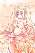 1girl ahoge air_bubble arm_ribbon bare_shoulders blonde_hair blue_eyes bow bra breasts bubble closed_mouth commentary_request coral cowboy_shot detached_sleeves dot_nose eyelashes fins fish fish_tail flower frilled_sleeves frills hair_flower hair_intakes hair_ornament happy highres jewelry lan_sing large_breasts long_hair long_sleeves looking_at_viewer medium_skirt mermaid mermaid_melody_pichi_pichi_pitch monster_girl nanami_lucia necklace no_navel orange_background pink_bow pink_bra pink_flower pink_ribbon pink_skirt pink_sleeves pink_tail pink_theme pleated_skirt ribbon shell shell_necklace sidelocks signature skirt smile solo stomach strapless strapless_bra tail tareme twintails underwater underwear very_long_hair waist_bow water_lily_flower rating:s score:8 post #9810706