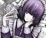 apron blister_pack blunt_bangs chan8016 collared_shirt frills futaba_channel hand_on_own_face hands_up head_tilt highres holding long_sleeves looking_at_viewer maid maid_headdress medium_hair monochrome_background pale_skin photo_background portrait purple_eyes purple_hair purple_shirt shirt smile white_apron yakui rating:g score:6 post #10139101