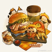 1girl animal_ears artist_name bacon burger character_charm charm_(object) cheese chibi chinese_commentary commentary_request commission cup disposable_coffee_cup disposable_cup dog_ears eating eyewear_on_head fast_food flag floppy_ears food food_charm food_focus french_fries grey_background hair_ornament hairclip halftone halftone_background happy hat holding holding_food ketchup lettuce long_sleeves machi_nailao_bao napkin newsboy_cap onion_slice original oversized_clothes parallel_hairclips pochacco red_shirt red_shoes sample_watermark sanrio shirt shoes short_hair sitting sleeves_past_fingers sleeves_past_wrists solo sunglasses tray watermark watermark_grid weibo_watermark white_hair yellow_hat rating:g score:6 post #10109155