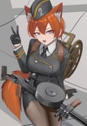 1girl absurdres animal_ear_fluff animal_ears arm_support black_gloves black_necktie breasts brown_pantyhose buttons collared_shirt commentary double-breasted dp-27 drum_magazine english_commentary fang fox_ears fox_girl fox_tail from_above garrison_cap gloves grey_eyes grey_hat grey_jacket grey_skirt gun hair_between_eyes hand_up hat highres jacket klottinen large_breasts long_sleeves machine_gun magazine_(weapon) military military_jacket military_uniform necktie open_mouth original pantyhose pencil_skirt red_hair red_tail shirt short_hair sitting skirt smile tail thighs v weapon white_shirt wire wire_spool rating:s score:9 post #10165375